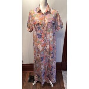 Love + Harmony Floral Maxi Shirt Dress Womens Medium 70s Retro Puff Sleeve